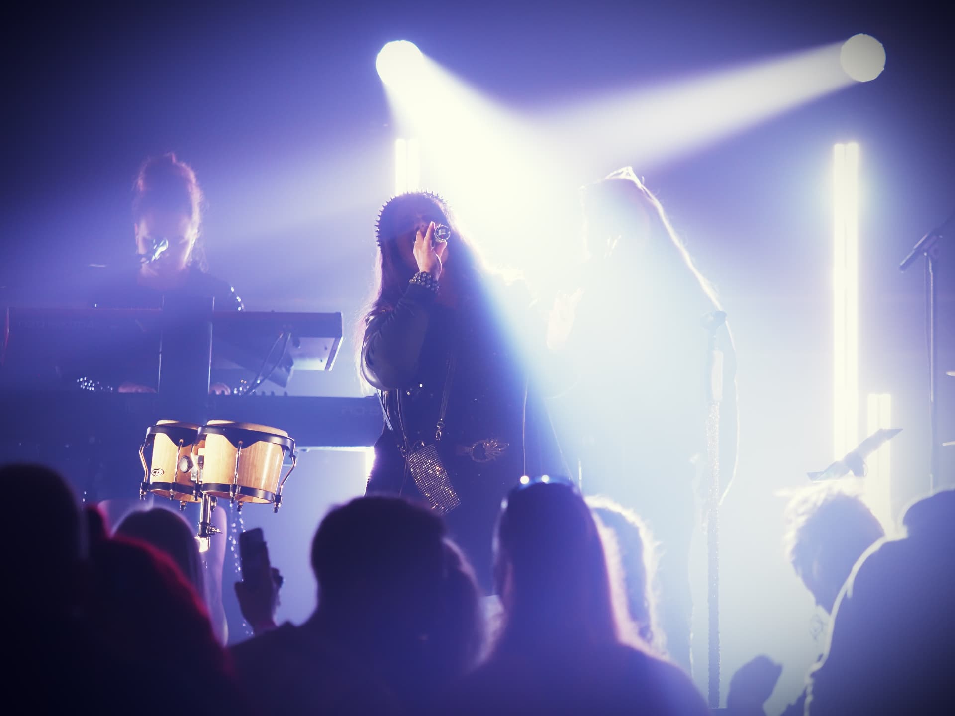 Singer performing in bright beams before a live audience